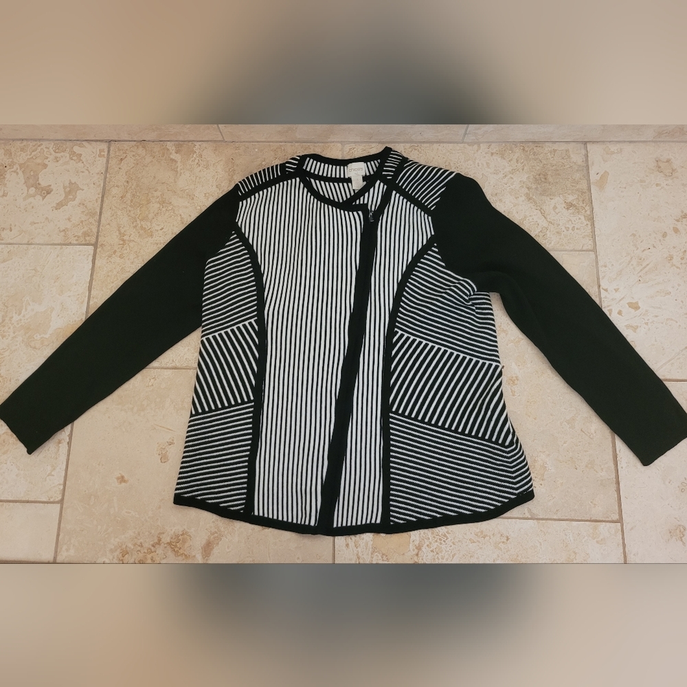 Chico's White/Black striped Zip Long-Sleeve Jacket Cardigan Blazer sweater 3